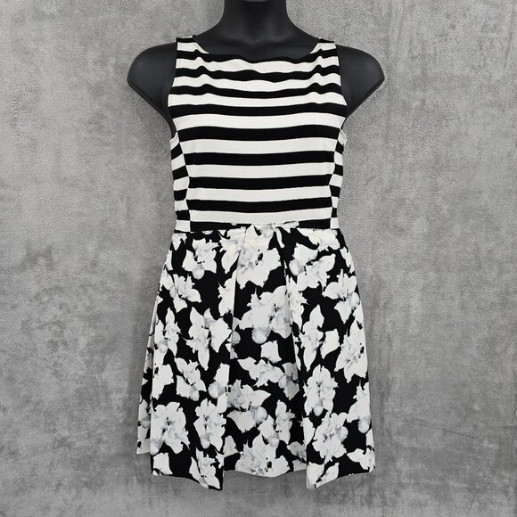 Rachel Roy Sheath Dress 12 Black White Striped Floral Mixed Media Print Tank Zip - Picture 1 of 9